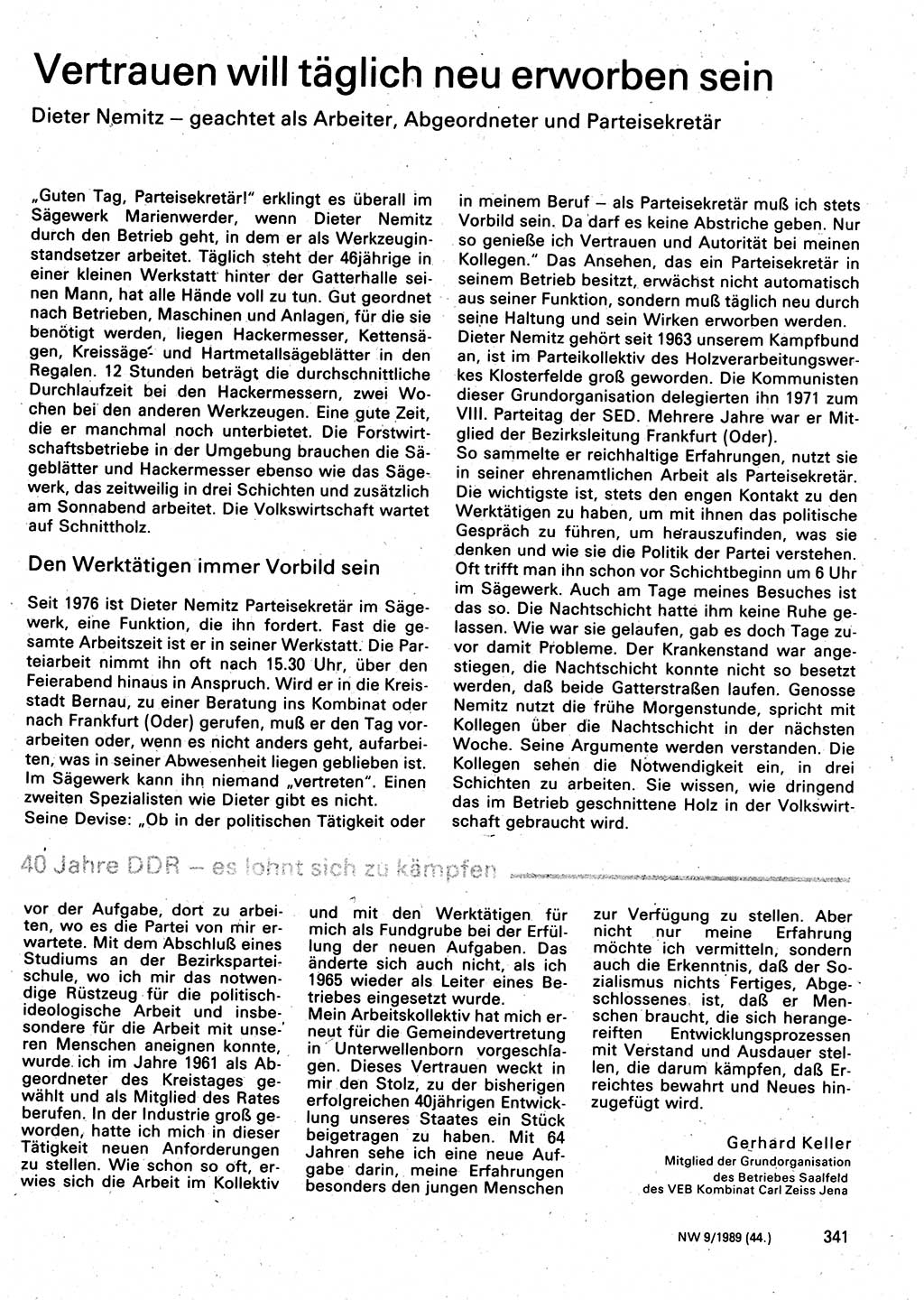 Neuer Weg (NW), Organ des Zentralkomitees (ZK) der SED (Sozialistische Einheitspartei Deutschlands) für Fragen des Parteilebens, 44. Jahrgang [Deutsche Demokratische Republik (DDR)] 1989, Seite 341 (NW ZK SED DDR 1989, S. 341)