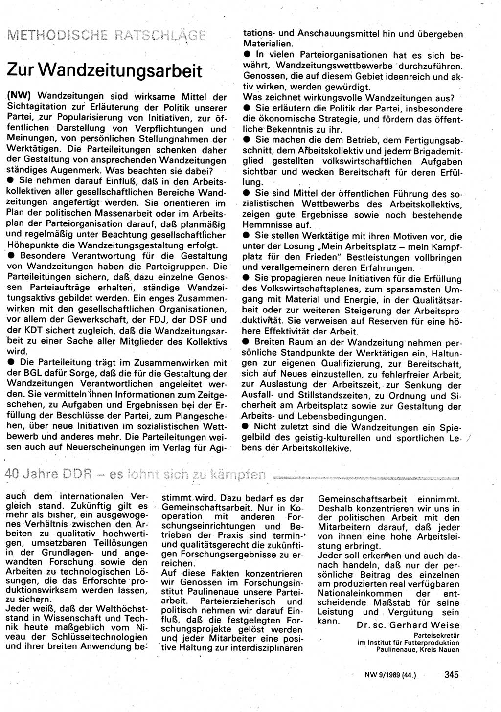 Neuer Weg (NW), Organ des Zentralkomitees (ZK) der SED (Sozialistische Einheitspartei Deutschlands) für Fragen des Parteilebens, 44. Jahrgang [Deutsche Demokratische Republik (DDR)] 1989, Seite 345 (NW ZK SED DDR 1989, S. 345)