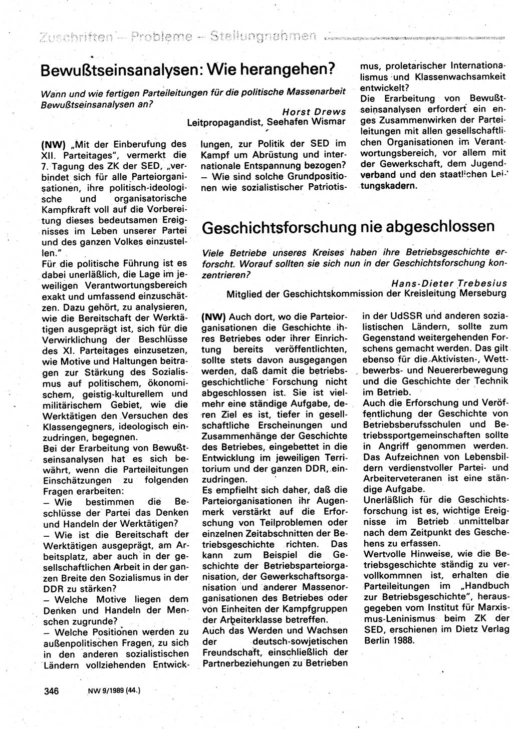 Neuer Weg (NW), Organ des Zentralkomitees (ZK) der SED (Sozialistische Einheitspartei Deutschlands) für Fragen des Parteilebens, 44. Jahrgang [Deutsche Demokratische Republik (DDR)] 1989, Seite 346 (NW ZK SED DDR 1989, S. 346)
