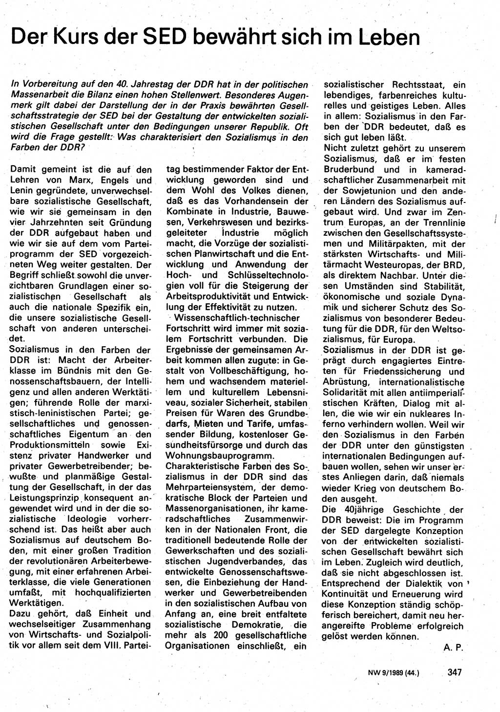 Neuer Weg (NW), Organ des Zentralkomitees (ZK) der SED (Sozialistische Einheitspartei Deutschlands) für Fragen des Parteilebens, 44. Jahrgang [Deutsche Demokratische Republik (DDR)] 1989, Seite 347 (NW ZK SED DDR 1989, S. 347)