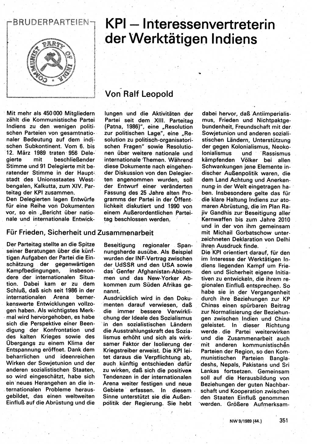 Neuer Weg (NW), Organ des Zentralkomitees (ZK) der SED (Sozialistische Einheitspartei Deutschlands) für Fragen des Parteilebens, 44. Jahrgang [Deutsche Demokratische Republik (DDR)] 1989, Seite 351 (NW ZK SED DDR 1989, S. 351)