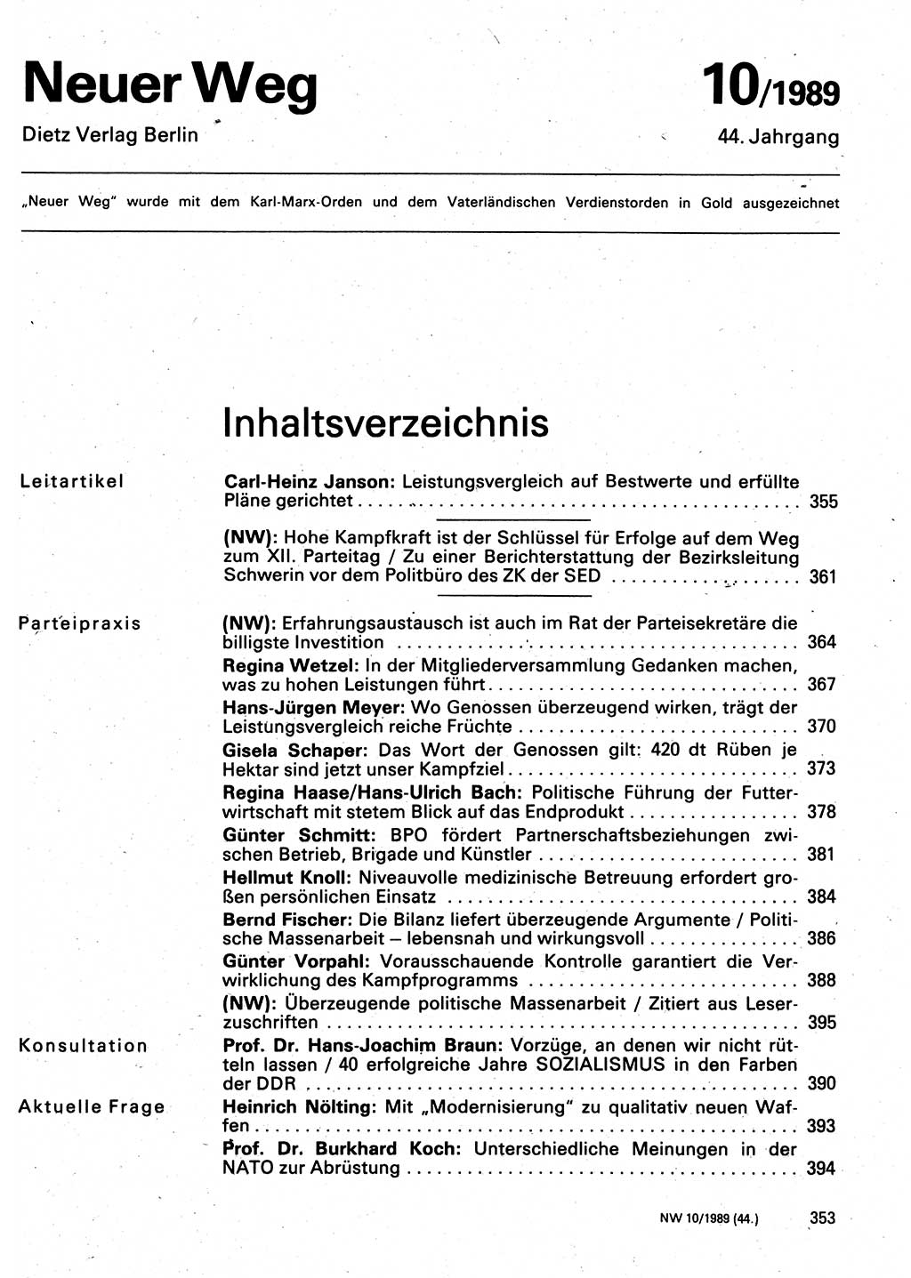 Neuer Weg (NW), Organ des Zentralkomitees (ZK) der SED (Sozialistische Einheitspartei Deutschlands) für Fragen des Parteilebens, 44. Jahrgang [Deutsche Demokratische Republik (DDR)] 1989, Seite 353 (NW ZK SED DDR 1989, S. 353)