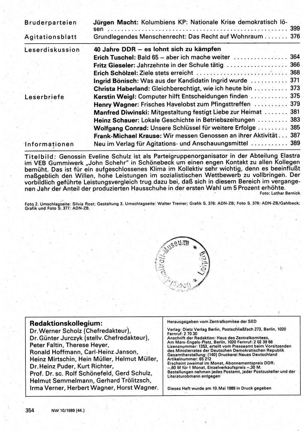 Neuer Weg (NW), Organ des Zentralkomitees (ZK) der SED (Sozialistische Einheitspartei Deutschlands) für Fragen des Parteilebens, 44. Jahrgang [Deutsche Demokratische Republik (DDR)] 1989, Seite 354 (NW ZK SED DDR 1989, S. 354)