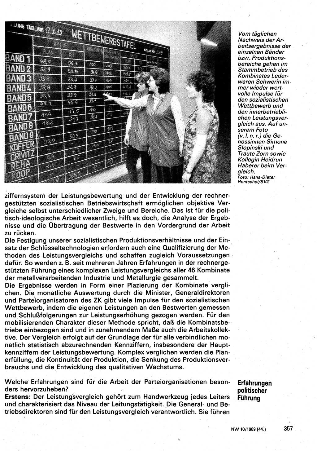 Neuer Weg (NW), Organ des Zentralkomitees (ZK) der SED (Sozialistische Einheitspartei Deutschlands) für Fragen des Parteilebens, 44. Jahrgang [Deutsche Demokratische Republik (DDR)] 1989, Seite 357 (NW ZK SED DDR 1989, S. 357)
