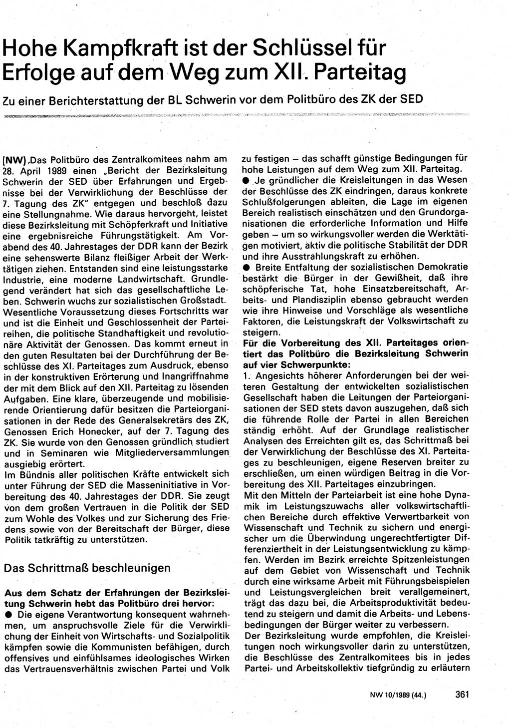 Neuer Weg (NW), Organ des Zentralkomitees (ZK) der SED (Sozialistische Einheitspartei Deutschlands) für Fragen des Parteilebens, 44. Jahrgang [Deutsche Demokratische Republik (DDR)] 1989, Seite 361 (NW ZK SED DDR 1989, S. 361)