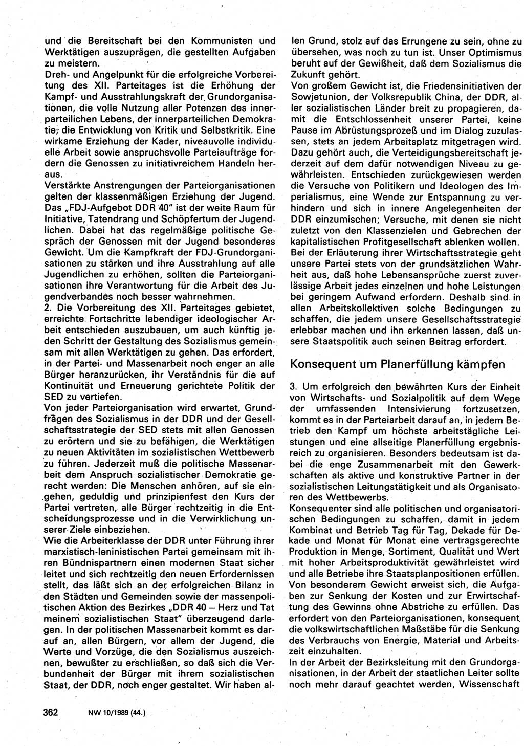 Neuer Weg (NW), Organ des Zentralkomitees (ZK) der SED (Sozialistische Einheitspartei Deutschlands) für Fragen des Parteilebens, 44. Jahrgang [Deutsche Demokratische Republik (DDR)] 1989, Seite 362 (NW ZK SED DDR 1989, S. 362)