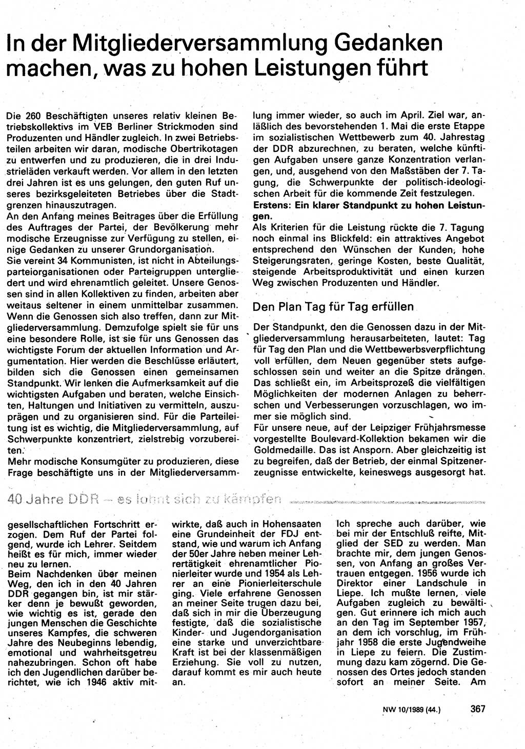 Neuer Weg (NW), Organ des Zentralkomitees (ZK) der SED (Sozialistische Einheitspartei Deutschlands) für Fragen des Parteilebens, 44. Jahrgang [Deutsche Demokratische Republik (DDR)] 1989, Seite 367 (NW ZK SED DDR 1989, S. 367)