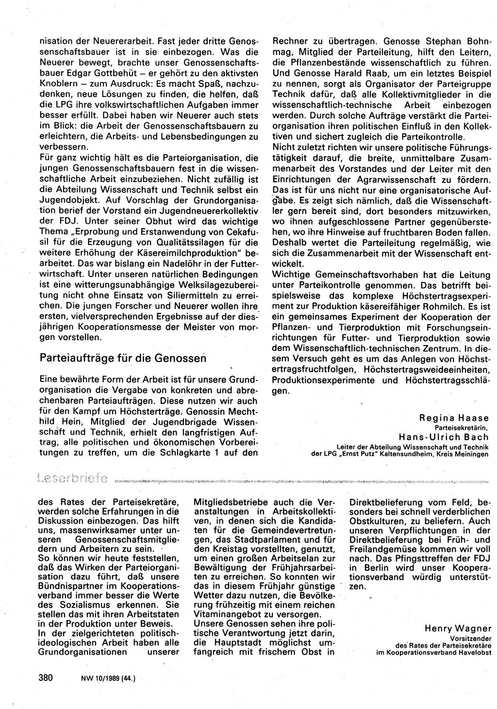 Neuer Weg (NW), Organ des Zentralkomitees (ZK) der SED (Sozialistische Einheitspartei Deutschlands) für Fragen des Parteilebens, 44. Jahrgang [Deutsche Demokratische Republik (DDR)] 1989, Seite 380 (NW ZK SED DDR 1989, S. 380)