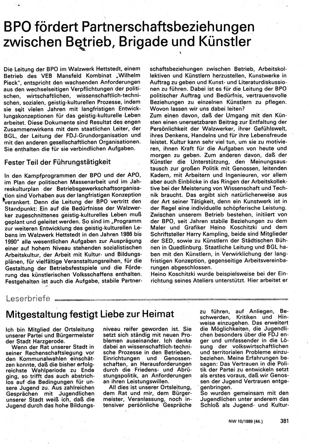 Neuer Weg (NW), Organ des Zentralkomitees (ZK) der SED (Sozialistische Einheitspartei Deutschlands) für Fragen des Parteilebens, 44. Jahrgang [Deutsche Demokratische Republik (DDR)] 1989, Seite 381 (NW ZK SED DDR 1989, S. 381)