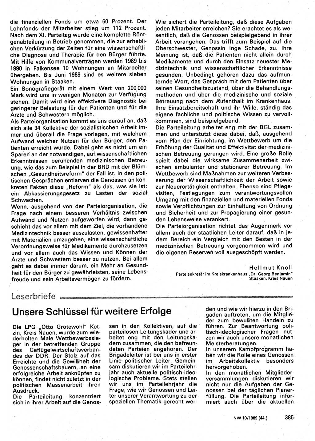 Neuer Weg (NW), Organ des Zentralkomitees (ZK) der SED (Sozialistische Einheitspartei Deutschlands) für Fragen des Parteilebens, 44. Jahrgang [Deutsche Demokratische Republik (DDR)] 1989, Seite 385 (NW ZK SED DDR 1989, S. 385)