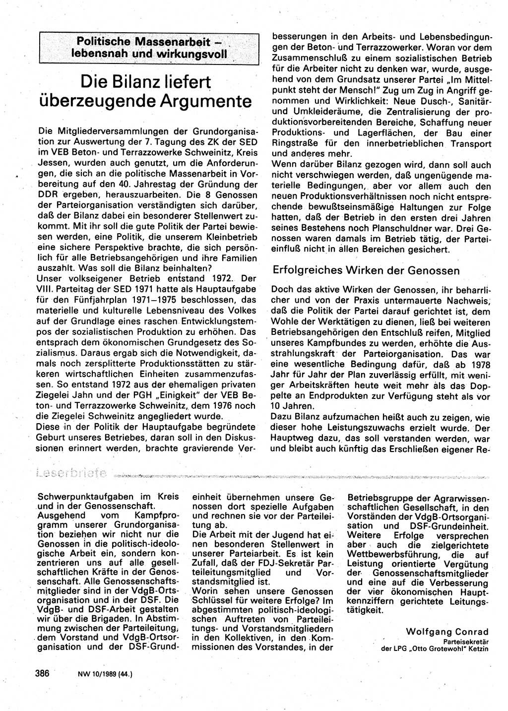 Neuer Weg (NW), Organ des Zentralkomitees (ZK) der SED (Sozialistische Einheitspartei Deutschlands) für Fragen des Parteilebens, 44. Jahrgang [Deutsche Demokratische Republik (DDR)] 1989, Seite 386 (NW ZK SED DDR 1989, S. 386)
