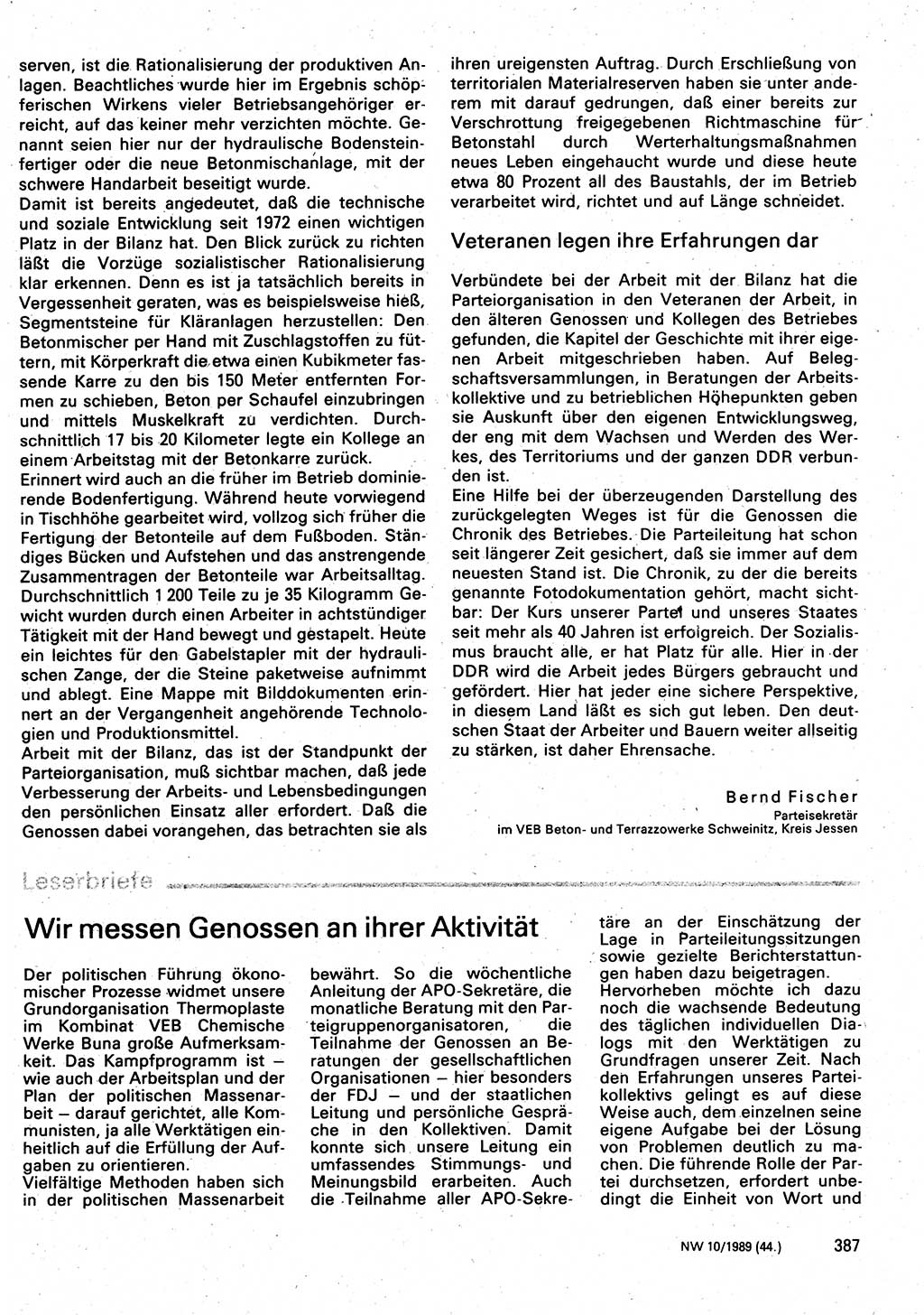 Neuer Weg (NW), Organ des Zentralkomitees (ZK) der SED (Sozialistische Einheitspartei Deutschlands) für Fragen des Parteilebens, 44. Jahrgang [Deutsche Demokratische Republik (DDR)] 1989, Seite 387 (NW ZK SED DDR 1989, S. 387)