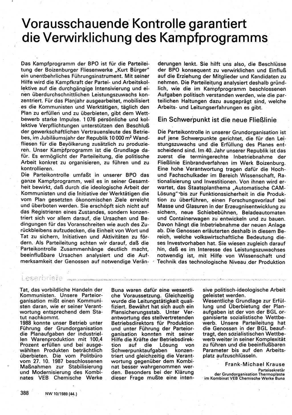 Neuer Weg (NW), Organ des Zentralkomitees (ZK) der SED (Sozialistische Einheitspartei Deutschlands) für Fragen des Parteilebens, 44. Jahrgang [Deutsche Demokratische Republik (DDR)] 1989, Seite 388 (NW ZK SED DDR 1989, S. 388)