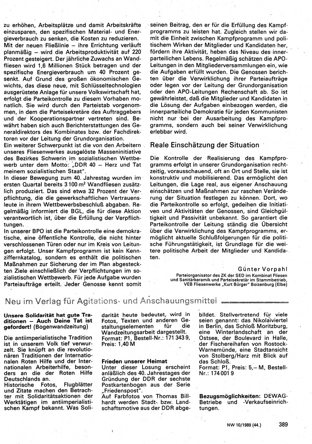 Neuer Weg (NW), Organ des Zentralkomitees (ZK) der SED (Sozialistische Einheitspartei Deutschlands) für Fragen des Parteilebens, 44. Jahrgang [Deutsche Demokratische Republik (DDR)] 1989, Seite 389 (NW ZK SED DDR 1989, S. 389)