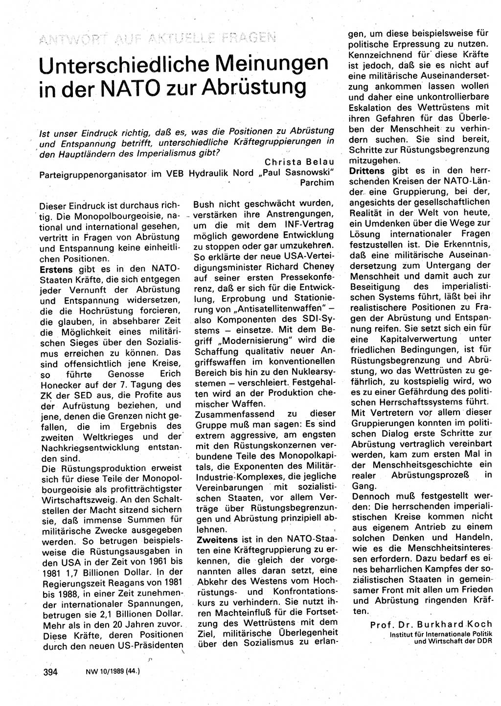 Neuer Weg (NW), Organ des Zentralkomitees (ZK) der SED (Sozialistische Einheitspartei Deutschlands) für Fragen des Parteilebens, 44. Jahrgang [Deutsche Demokratische Republik (DDR)] 1989, Seite 394 (NW ZK SED DDR 1989, S. 394)