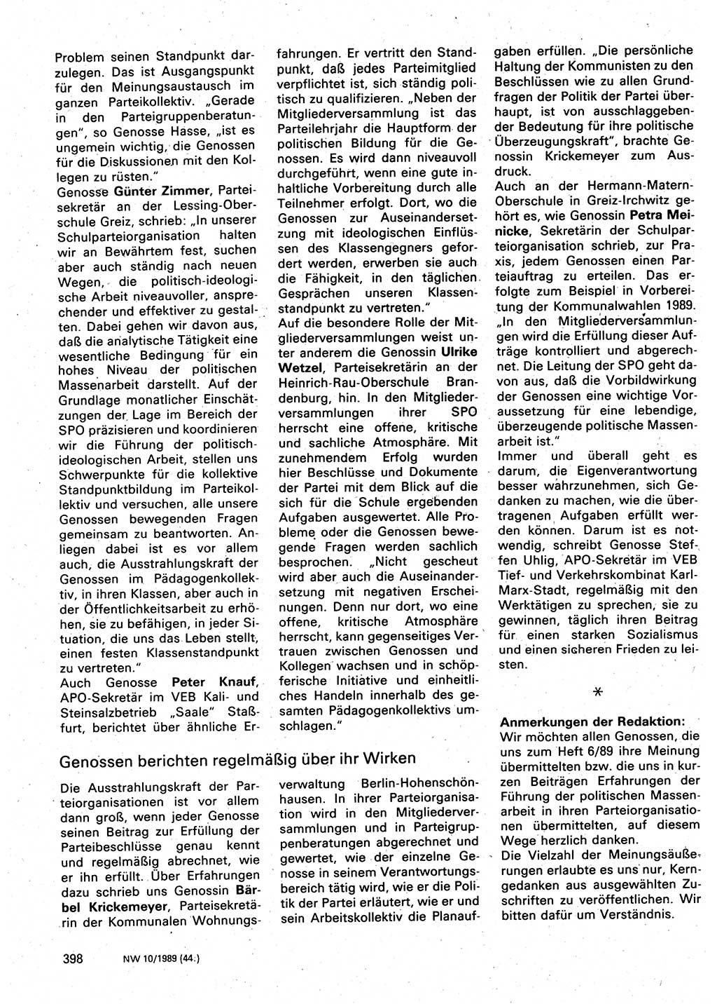 Neuer Weg (NW), Organ des Zentralkomitees (ZK) der SED (Sozialistische Einheitspartei Deutschlands) für Fragen des Parteilebens, 44. Jahrgang [Deutsche Demokratische Republik (DDR)] 1989, Seite 398 (NW ZK SED DDR 1989, S. 398)