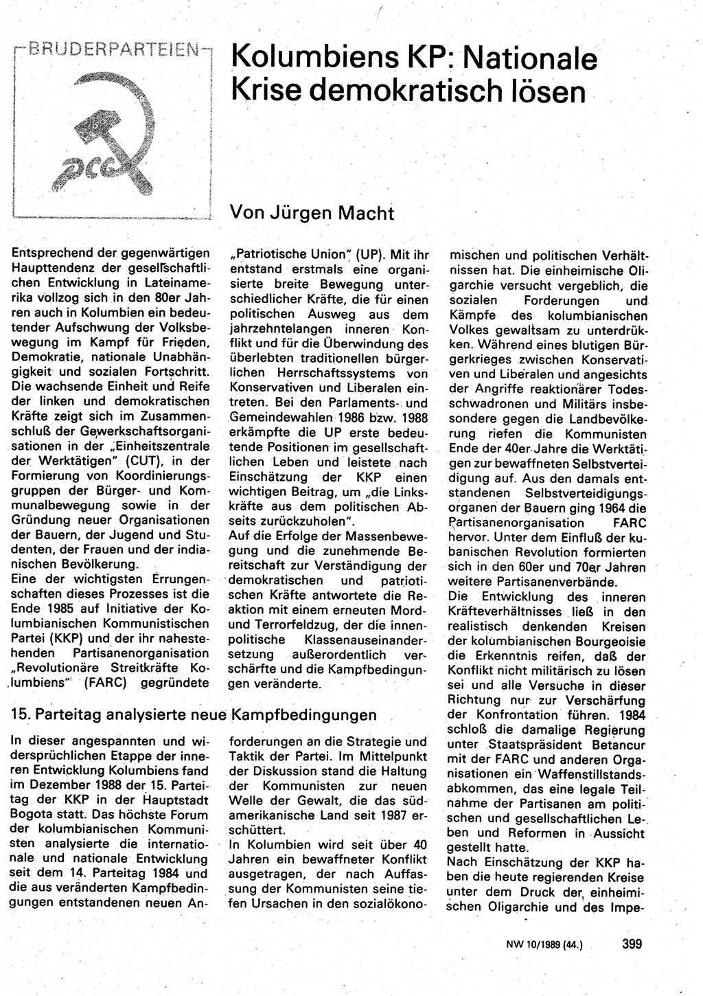 Neuer Weg (NW), Organ des Zentralkomitees (ZK) der SED (Sozialistische Einheitspartei Deutschlands) für Fragen des Parteilebens, 44. Jahrgang [Deutsche Demokratische Republik (DDR)] 1989, Seite 399 (NW ZK SED DDR 1989, S. 399)
