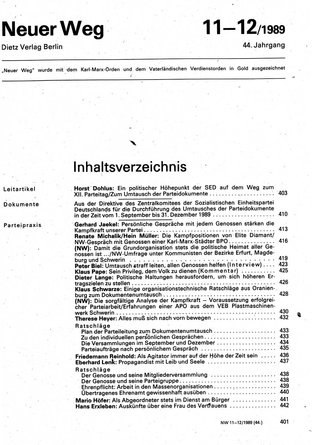Neuer Weg (NW), Organ des Zentralkomitees (ZK) der SED (Sozialistische Einheitspartei Deutschlands) für Fragen des Parteilebens, 44. Jahrgang [Deutsche Demokratische Republik (DDR)] 1989, Seite 401 (NW ZK SED DDR 1989, S. 401)