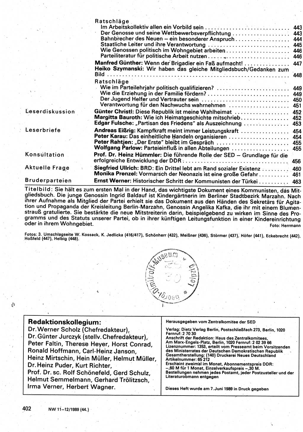 Neuer Weg (NW), Organ des Zentralkomitees (ZK) der SED (Sozialistische Einheitspartei Deutschlands) für Fragen des Parteilebens, 44. Jahrgang [Deutsche Demokratische Republik (DDR)] 1989, Seite 402 (NW ZK SED DDR 1989, S. 402)