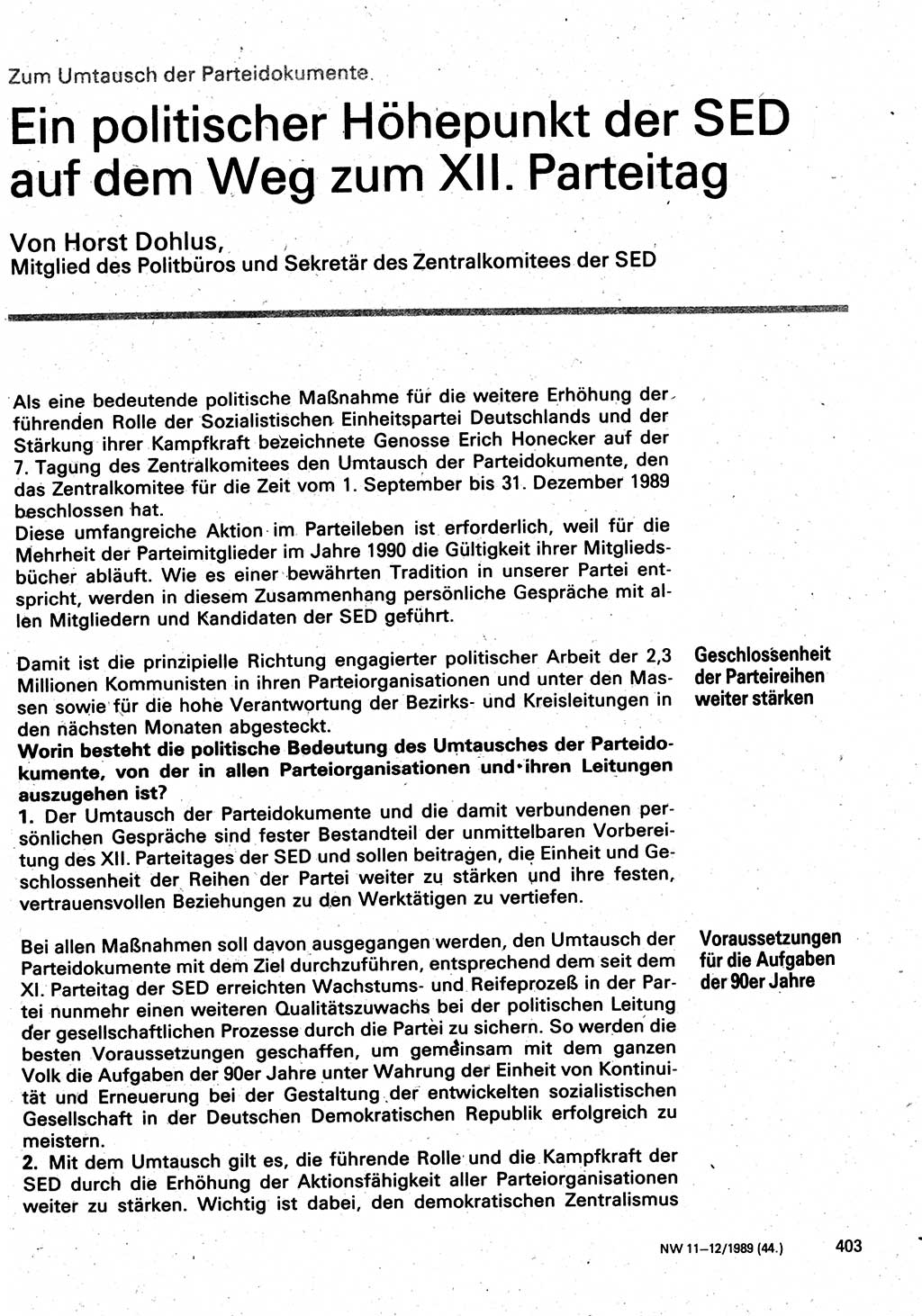 Neuer Weg (NW), Organ des Zentralkomitees (ZK) der SED (Sozialistische Einheitspartei Deutschlands) für Fragen des Parteilebens, 44. Jahrgang [Deutsche Demokratische Republik (DDR)] 1989, Seite 403 (NW ZK SED DDR 1989, S. 403)