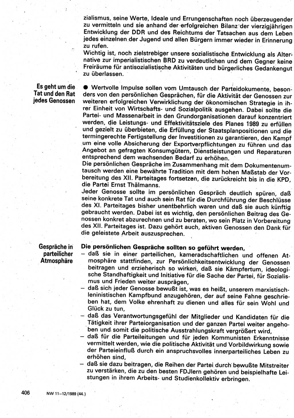 Neuer Weg (NW), Organ des Zentralkomitees (ZK) der SED (Sozialistische Einheitspartei Deutschlands) für Fragen des Parteilebens, 44. Jahrgang [Deutsche Demokratische Republik (DDR)] 1989, Seite 406 (NW ZK SED DDR 1989, S. 406)