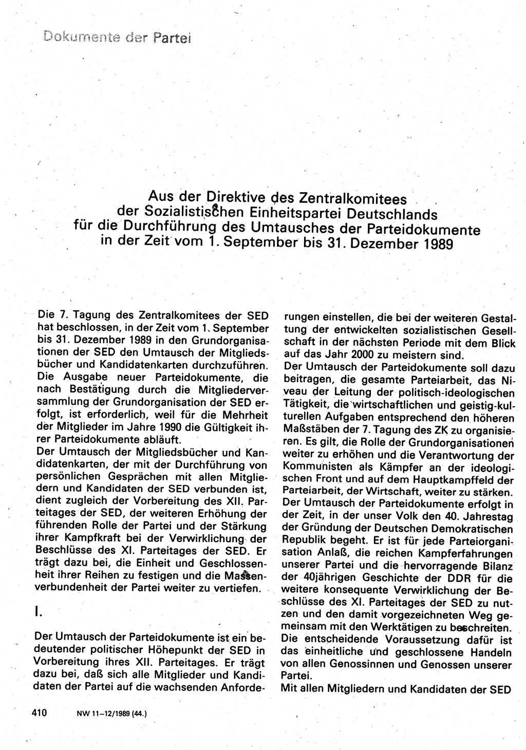 Neuer Weg (NW), Organ des Zentralkomitees (ZK) der SED (Sozialistische Einheitspartei Deutschlands) für Fragen des Parteilebens, 44. Jahrgang [Deutsche Demokratische Republik (DDR)] 1989, Seite 410 (NW ZK SED DDR 1989, S. 410)
