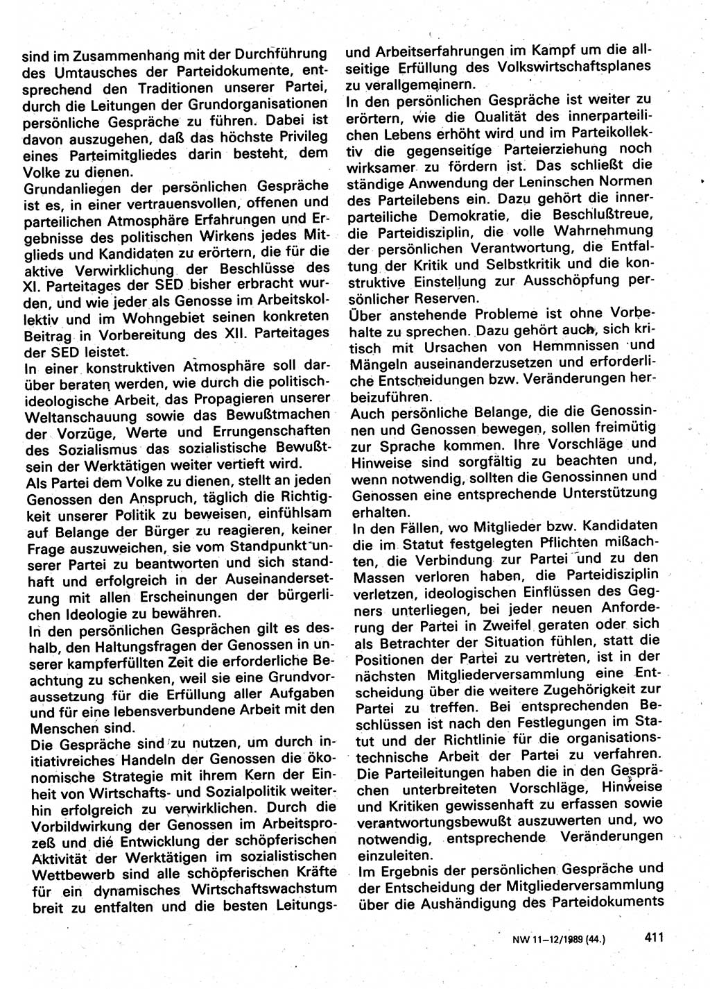 Neuer Weg (NW), Organ des Zentralkomitees (ZK) der SED (Sozialistische Einheitspartei Deutschlands) für Fragen des Parteilebens, 44. Jahrgang [Deutsche Demokratische Republik (DDR)] 1989, Seite 411 (NW ZK SED DDR 1989, S. 411)