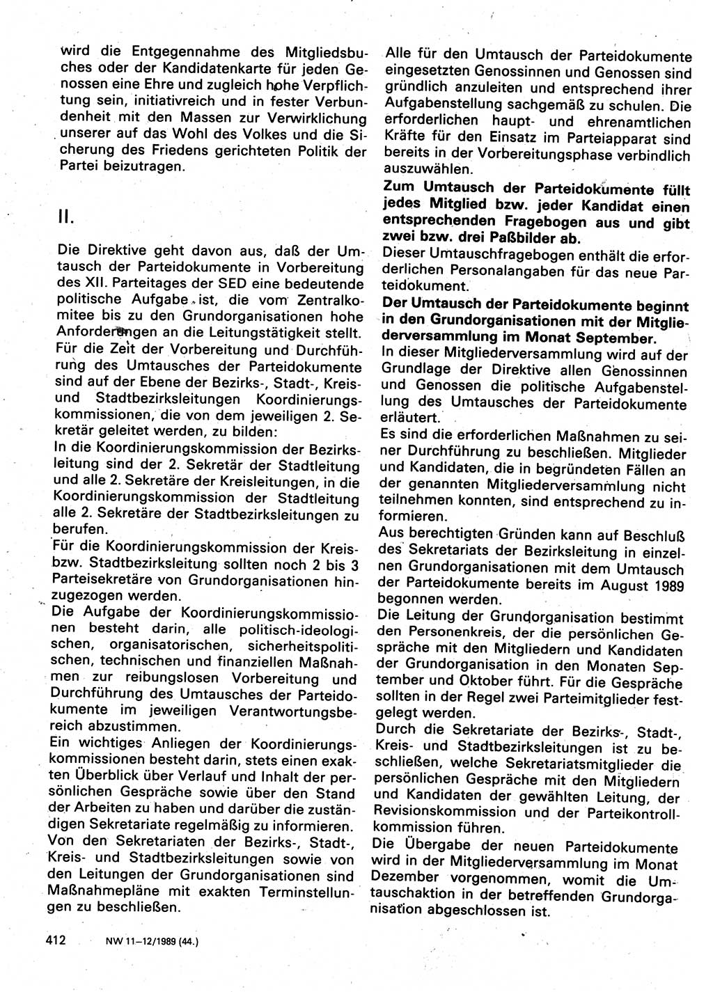 Neuer Weg (NW), Organ des Zentralkomitees (ZK) der SED (Sozialistische Einheitspartei Deutschlands) für Fragen des Parteilebens, 44. Jahrgang [Deutsche Demokratische Republik (DDR)] 1989, Seite 412 (NW ZK SED DDR 1989, S. 412)