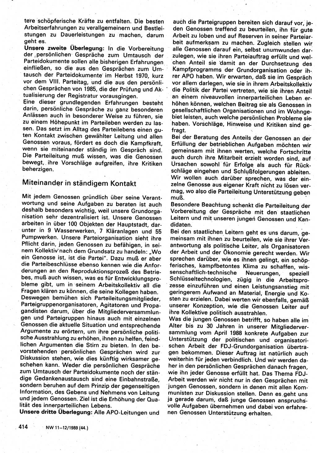 Neuer Weg (NW), Organ des Zentralkomitees (ZK) der SED (Sozialistische Einheitspartei Deutschlands) für Fragen des Parteilebens, 44. Jahrgang [Deutsche Demokratische Republik (DDR)] 1989, Seite 414 (NW ZK SED DDR 1989, S. 414)