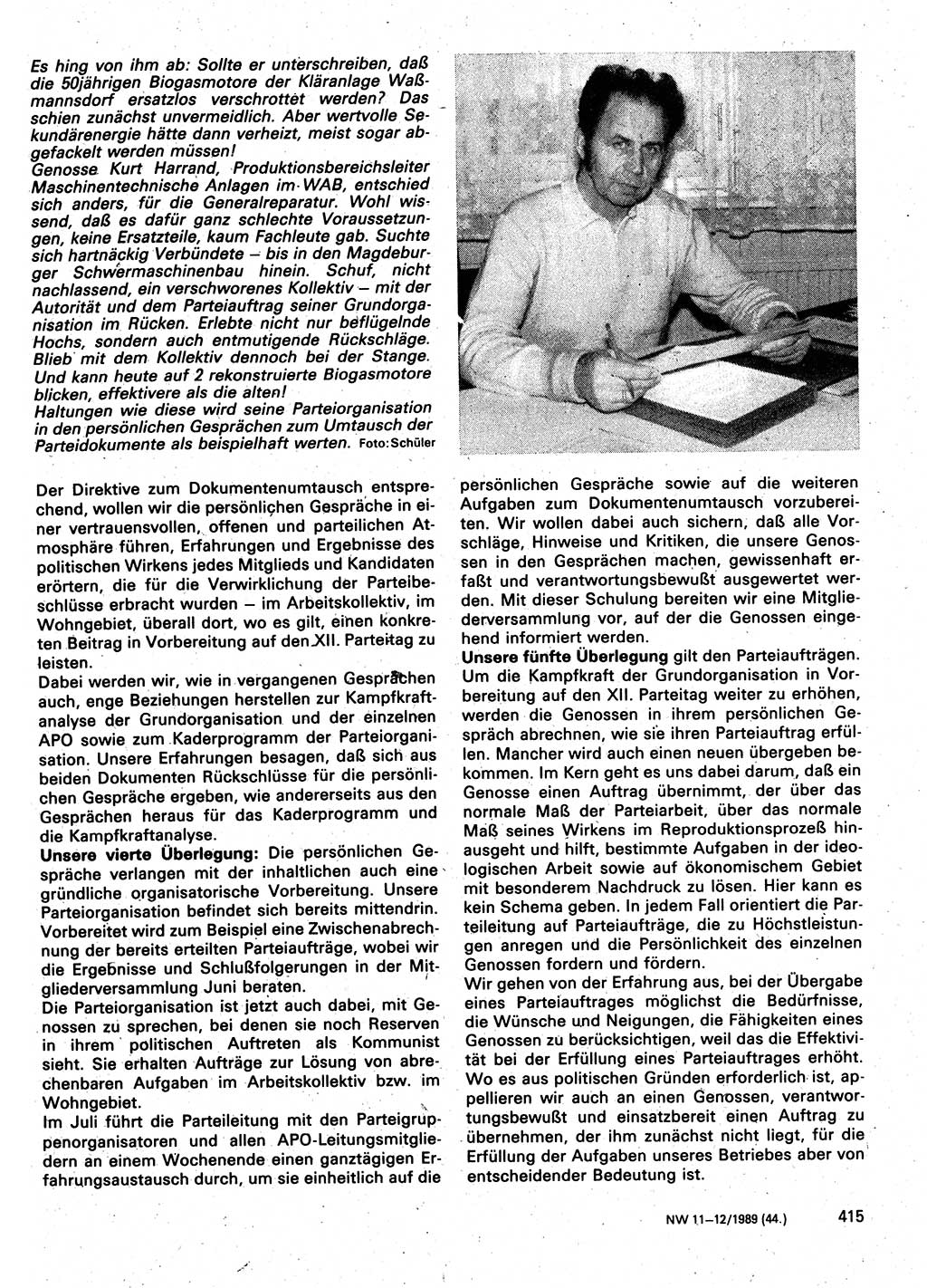 Neuer Weg (NW), Organ des Zentralkomitees (ZK) der SED (Sozialistische Einheitspartei Deutschlands) für Fragen des Parteilebens, 44. Jahrgang [Deutsche Demokratische Republik (DDR)] 1989, Seite 415 (NW ZK SED DDR 1989, S. 415)