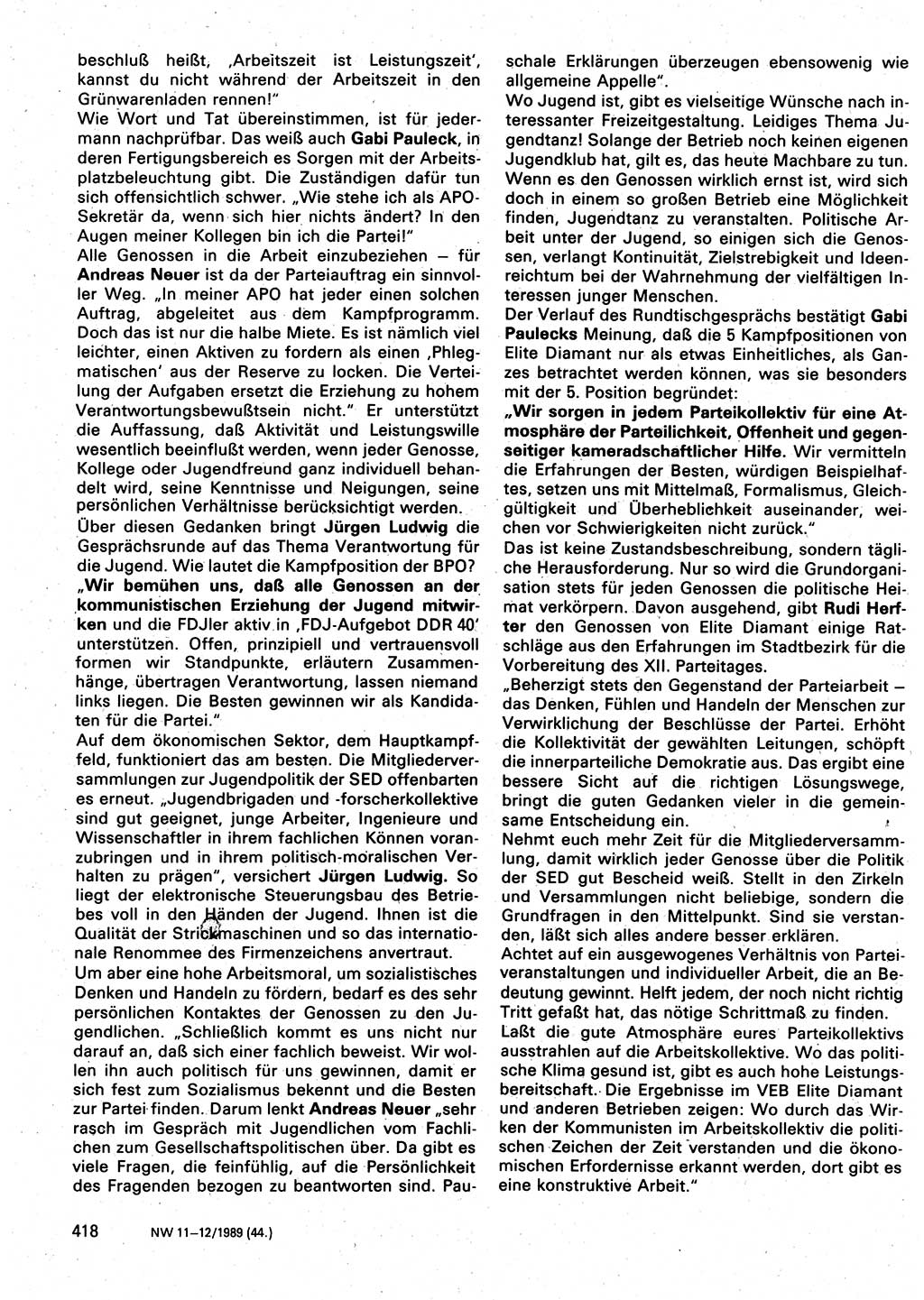 Neuer Weg (NW), Organ des Zentralkomitees (ZK) der SED (Sozialistische Einheitspartei Deutschlands) für Fragen des Parteilebens, 44. Jahrgang [Deutsche Demokratische Republik (DDR)] 1989, Seite 418 (NW ZK SED DDR 1989, S. 418)
