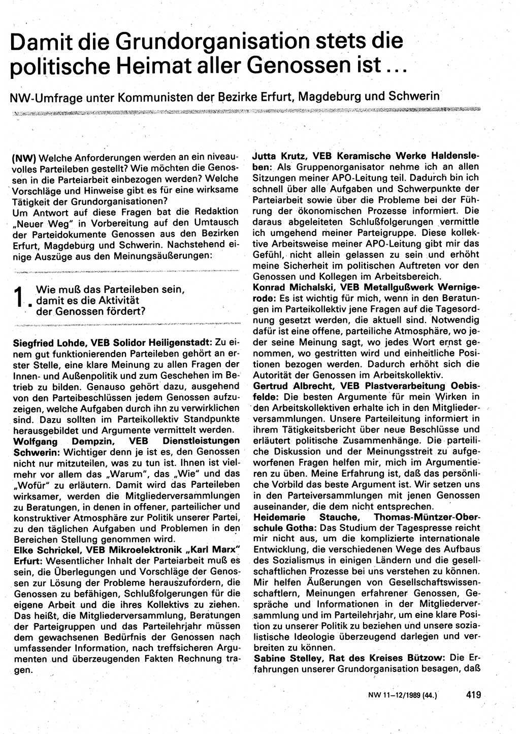 Neuer Weg (NW), Organ des Zentralkomitees (ZK) der SED (Sozialistische Einheitspartei Deutschlands) für Fragen des Parteilebens, 44. Jahrgang [Deutsche Demokratische Republik (DDR)] 1989, Seite 419 (NW ZK SED DDR 1989, S. 419)