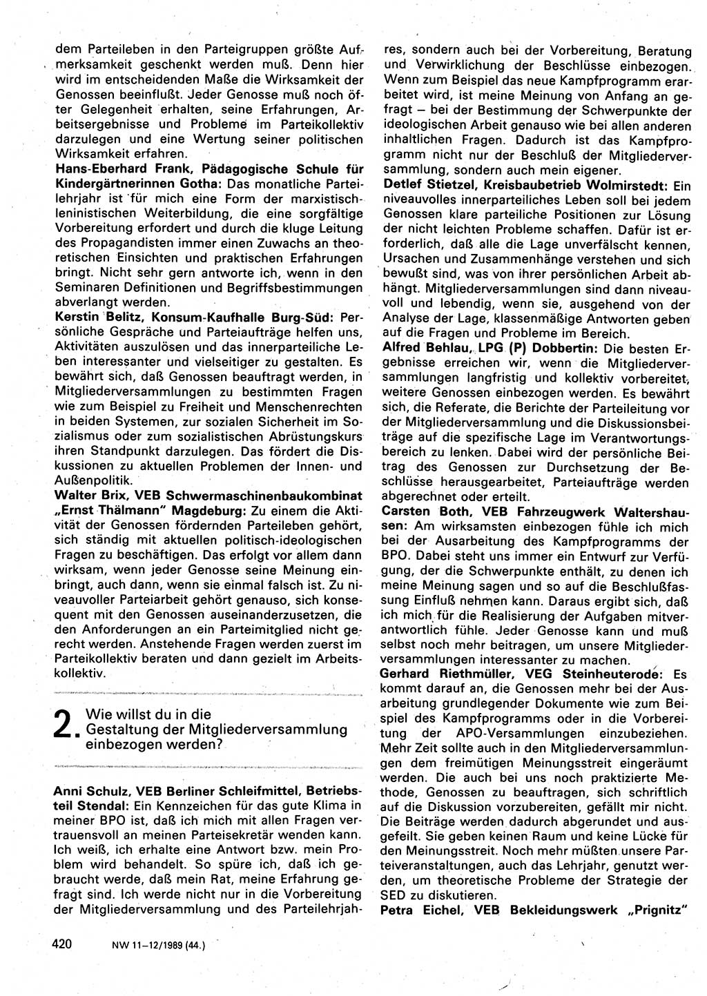 Neuer Weg (NW), Organ des Zentralkomitees (ZK) der SED (Sozialistische Einheitspartei Deutschlands) für Fragen des Parteilebens, 44. Jahrgang [Deutsche Demokratische Republik (DDR)] 1989, Seite 420 (NW ZK SED DDR 1989, S. 420)