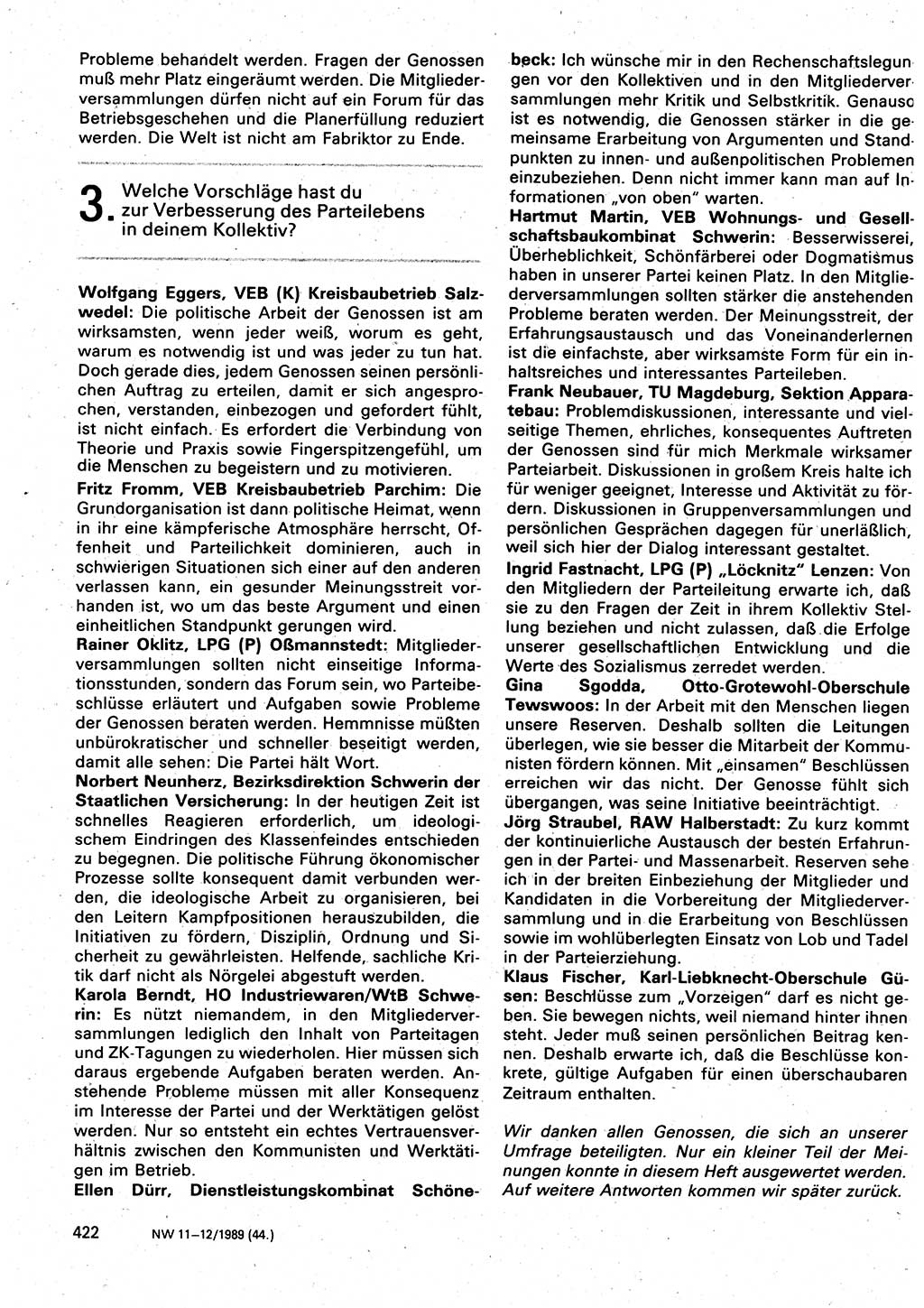 Neuer Weg (NW), Organ des Zentralkomitees (ZK) der SED (Sozialistische Einheitspartei Deutschlands) für Fragen des Parteilebens, 44. Jahrgang [Deutsche Demokratische Republik (DDR)] 1989, Seite 422 (NW ZK SED DDR 1989, S. 422)