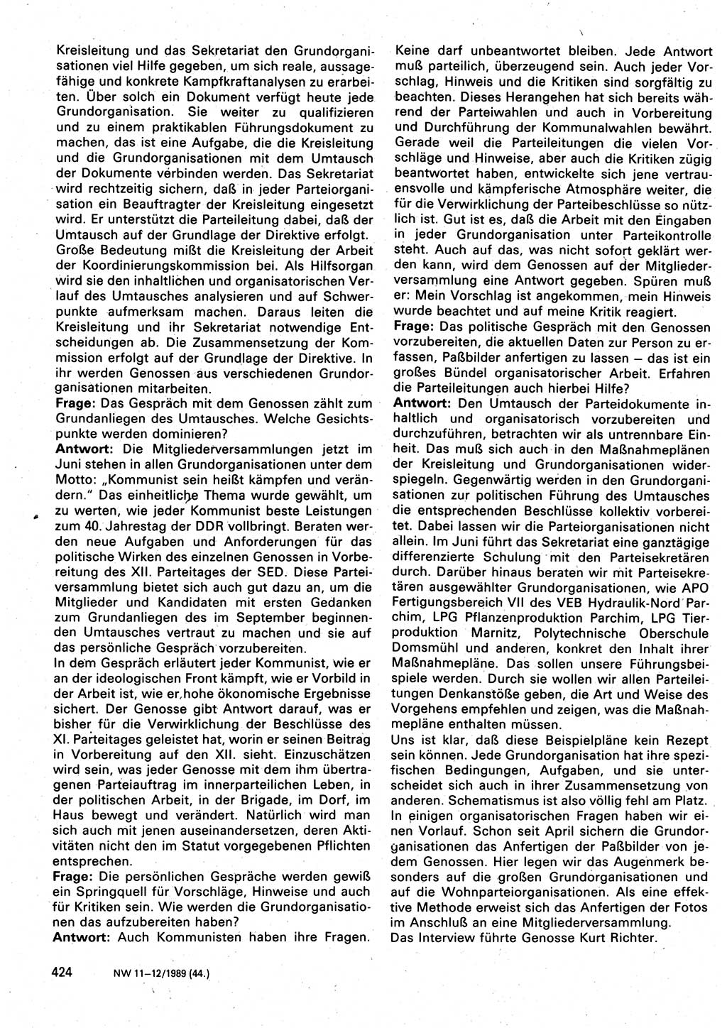 Neuer Weg (NW), Organ des Zentralkomitees (ZK) der SED (Sozialistische Einheitspartei Deutschlands) für Fragen des Parteilebens, 44. Jahrgang [Deutsche Demokratische Republik (DDR)] 1989, Seite 424 (NW ZK SED DDR 1989, S. 424)