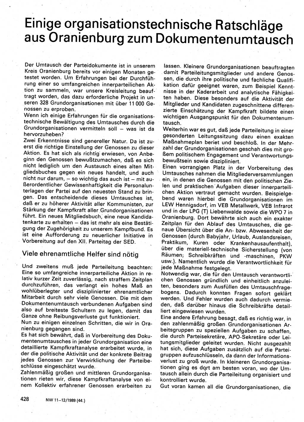 Neuer Weg (NW), Organ des Zentralkomitees (ZK) der SED (Sozialistische Einheitspartei Deutschlands) für Fragen des Parteilebens, 44. Jahrgang [Deutsche Demokratische Republik (DDR)] 1989, Seite 428 (NW ZK SED DDR 1989, S. 428)