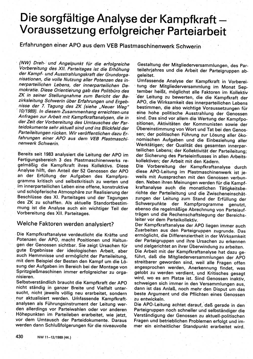 Neuer Weg (NW), Organ des Zentralkomitees (ZK) der SED (Sozialistische Einheitspartei Deutschlands) für Fragen des Parteilebens, 44. Jahrgang [Deutsche Demokratische Republik (DDR)] 1989, Seite 430 (NW ZK SED DDR 1989, S. 430)