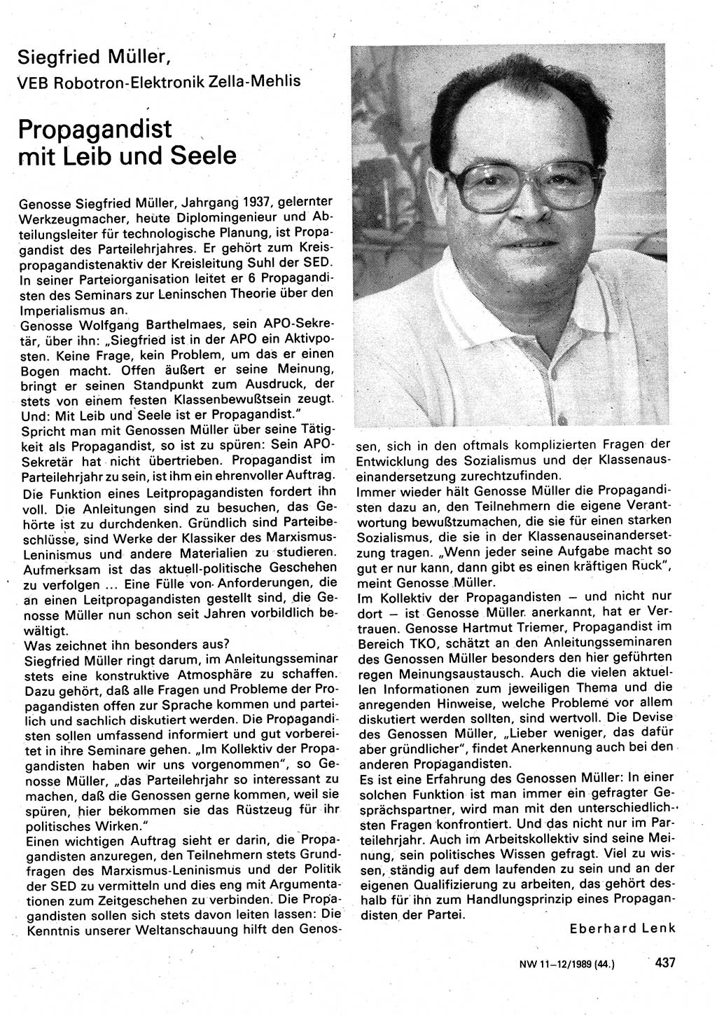 Neuer Weg (NW), Organ des Zentralkomitees (ZK) der SED (Sozialistische Einheitspartei Deutschlands) für Fragen des Parteilebens, 44. Jahrgang [Deutsche Demokratische Republik (DDR)] 1989, Seite 437 (NW ZK SED DDR 1989, S. 437)