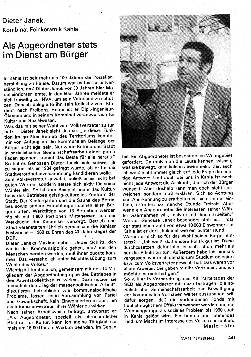 Neuer Weg (NW), Organ des Zentralkomitees (ZK) der SED (Sozialistische Einheitspartei Deutschlands) für Fragen des Parteilebens, 44. Jahrgang [Deutsche Demokratische Republik (DDR)] 1989, Seite 441 (NW ZK SED DDR 1989, S. 441)