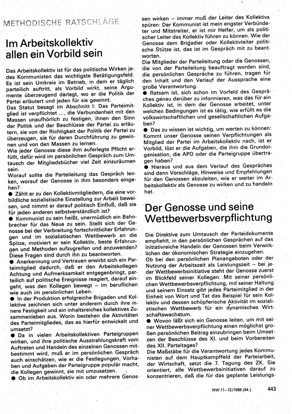 Neuer Weg (NW), Organ des Zentralkomitees (ZK) der SED (Sozialistische Einheitspartei Deutschlands) für Fragen des Parteilebens, 44. Jahrgang [Deutsche Demokratische Republik (DDR)] 1989, Seite 443 (NW ZK SED DDR 1989, S. 443)