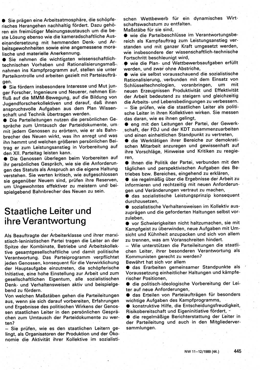 Neuer Weg (NW), Organ des Zentralkomitees (ZK) der SED (Sozialistische Einheitspartei Deutschlands) für Fragen des Parteilebens, 44. Jahrgang [Deutsche Demokratische Republik (DDR)] 1989, Seite 445 (NW ZK SED DDR 1989, S. 445)