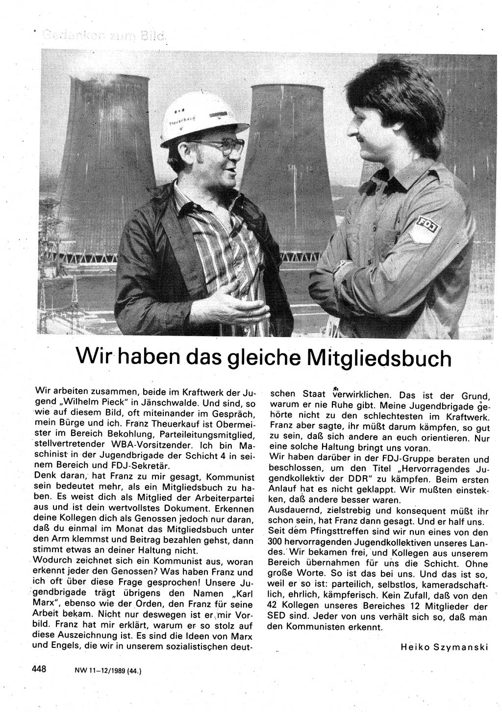 Neuer Weg (NW), Organ des Zentralkomitees (ZK) der SED (Sozialistische Einheitspartei Deutschlands) für Fragen des Parteilebens, 44. Jahrgang [Deutsche Demokratische Republik (DDR)] 1989, Seite 448 (NW ZK SED DDR 1989, S. 448)
