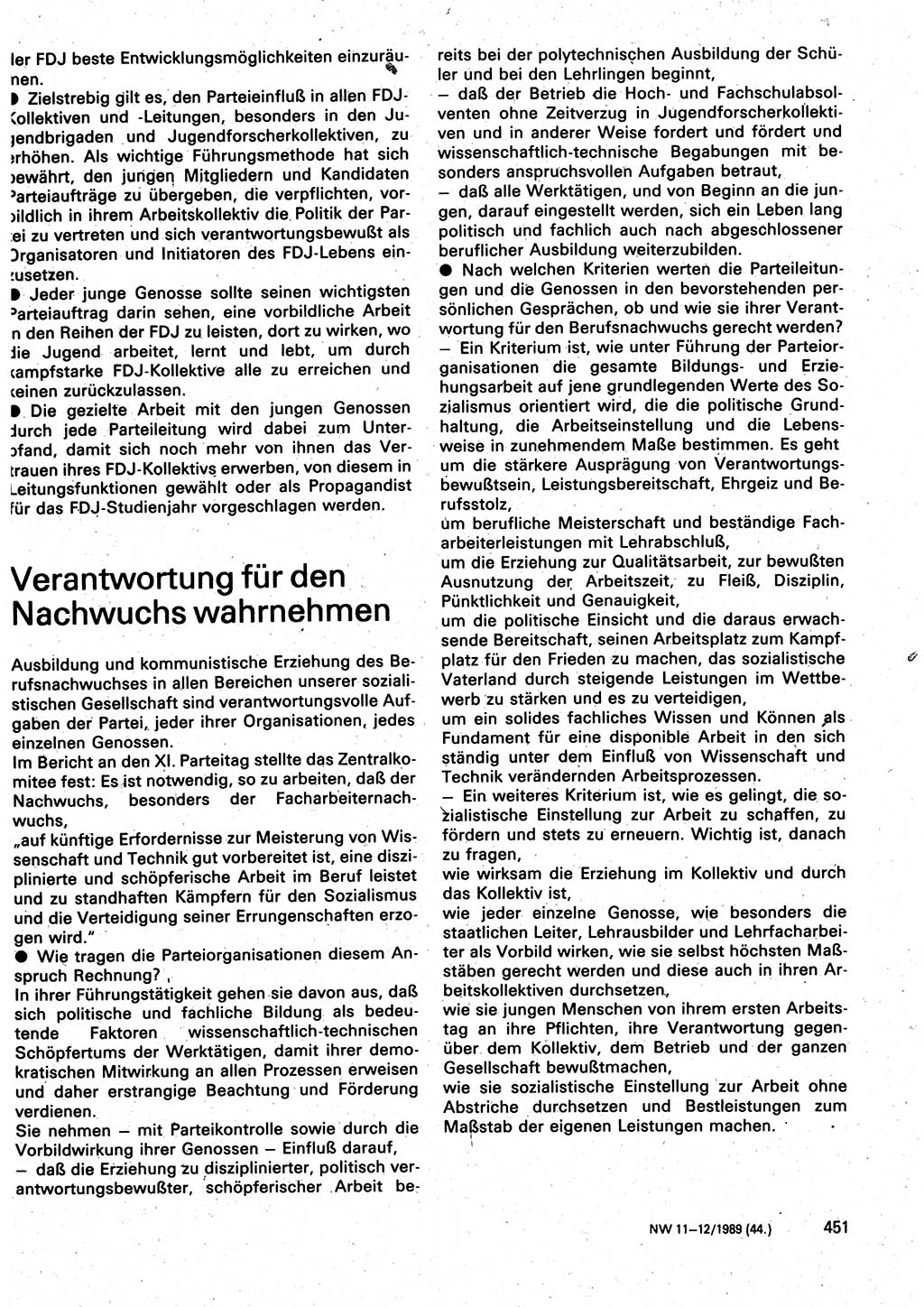 Neuer Weg (NW), Organ des Zentralkomitees (ZK) der SED (Sozialistische Einheitspartei Deutschlands) für Fragen des Parteilebens, 44. Jahrgang [Deutsche Demokratische Republik (DDR)] 1989, Seite 451 (NW ZK SED DDR 1989, S. 451)