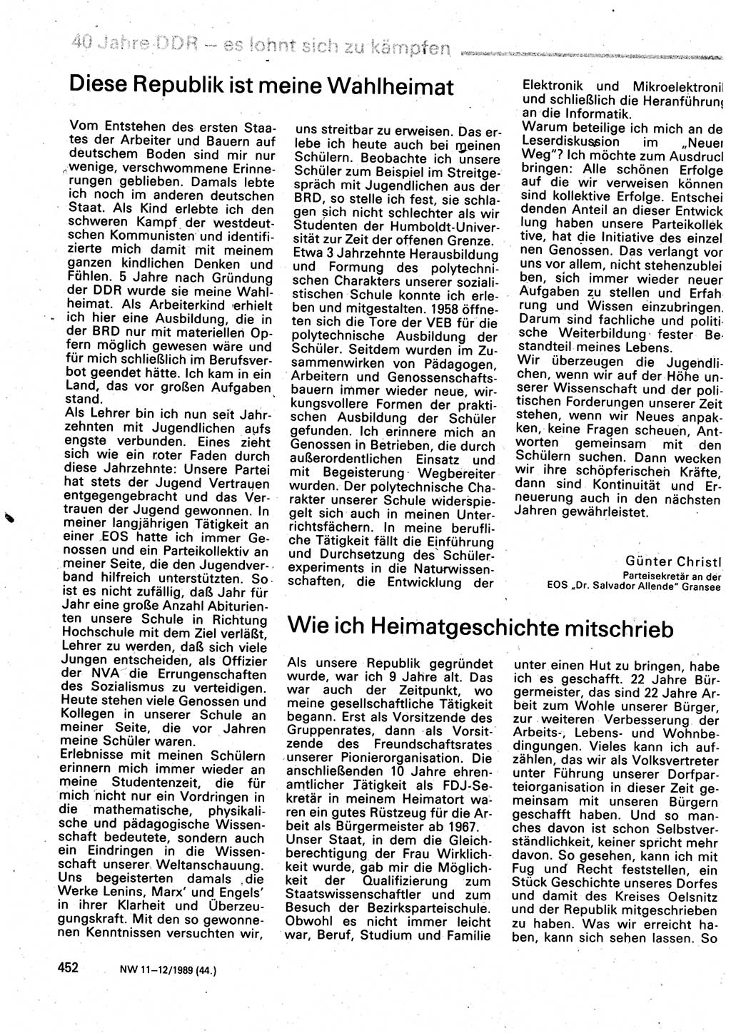 Neuer Weg (NW), Organ des Zentralkomitees (ZK) der SED (Sozialistische Einheitspartei Deutschlands) für Fragen des Parteilebens, 44. Jahrgang [Deutsche Demokratische Republik (DDR)] 1989, Seite 452 (NW ZK SED DDR 1989, S. 452)