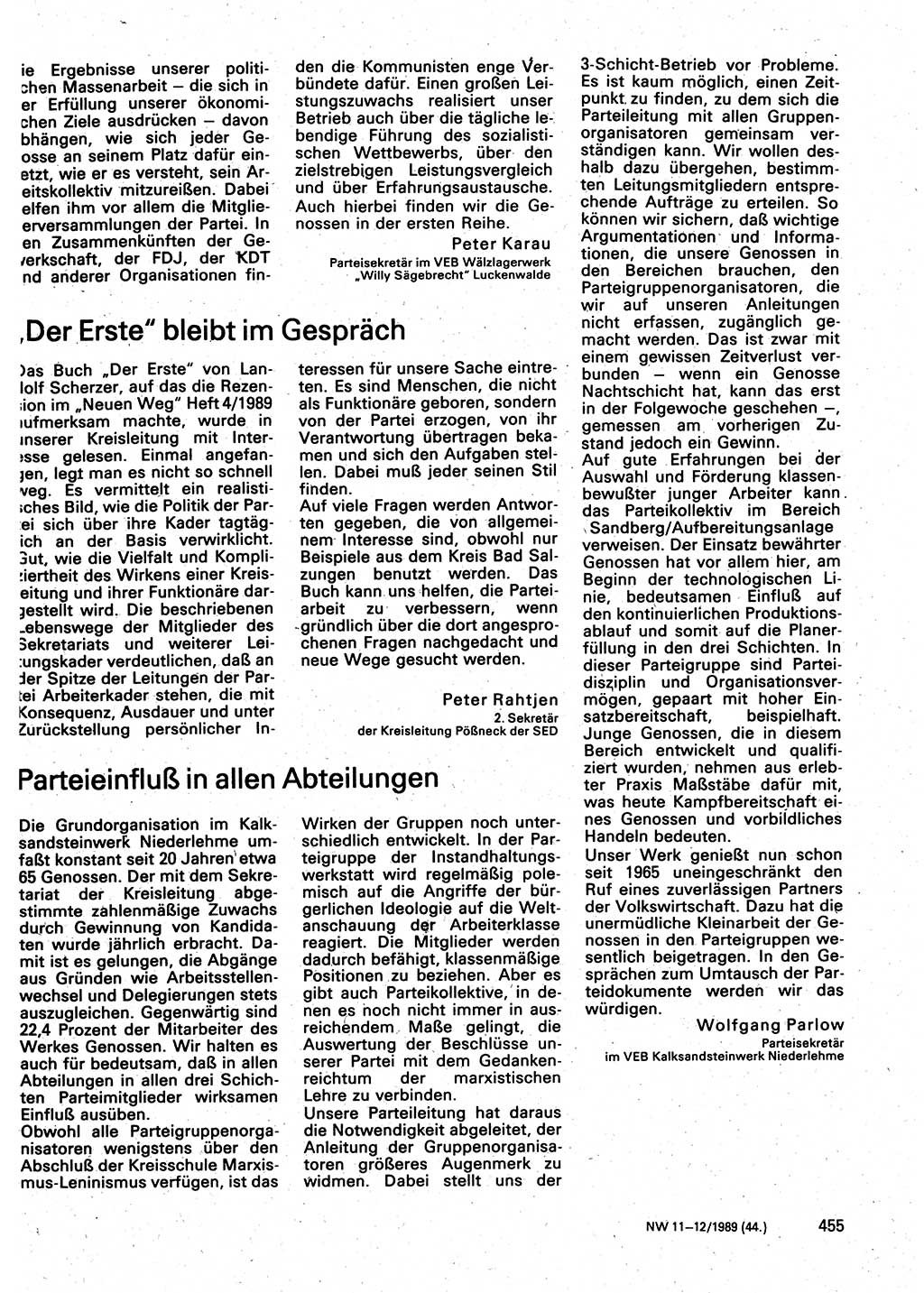 Neuer Weg (NW), Organ des Zentralkomitees (ZK) der SED (Sozialistische Einheitspartei Deutschlands) für Fragen des Parteilebens, 44. Jahrgang [Deutsche Demokratische Republik (DDR)] 1989, Seite 455 (NW ZK SED DDR 1989, S. 455)