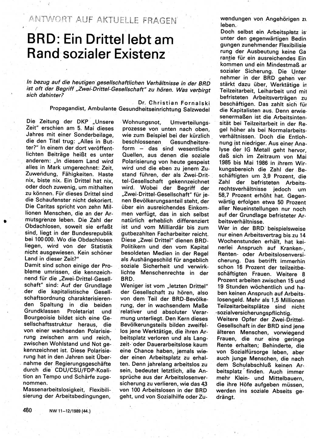 Neuer Weg (NW), Organ des Zentralkomitees (ZK) der SED (Sozialistische Einheitspartei Deutschlands) für Fragen des Parteilebens, 44. Jahrgang [Deutsche Demokratische Republik (DDR)] 1989, Seite 460 (NW ZK SED DDR 1989, S. 460)