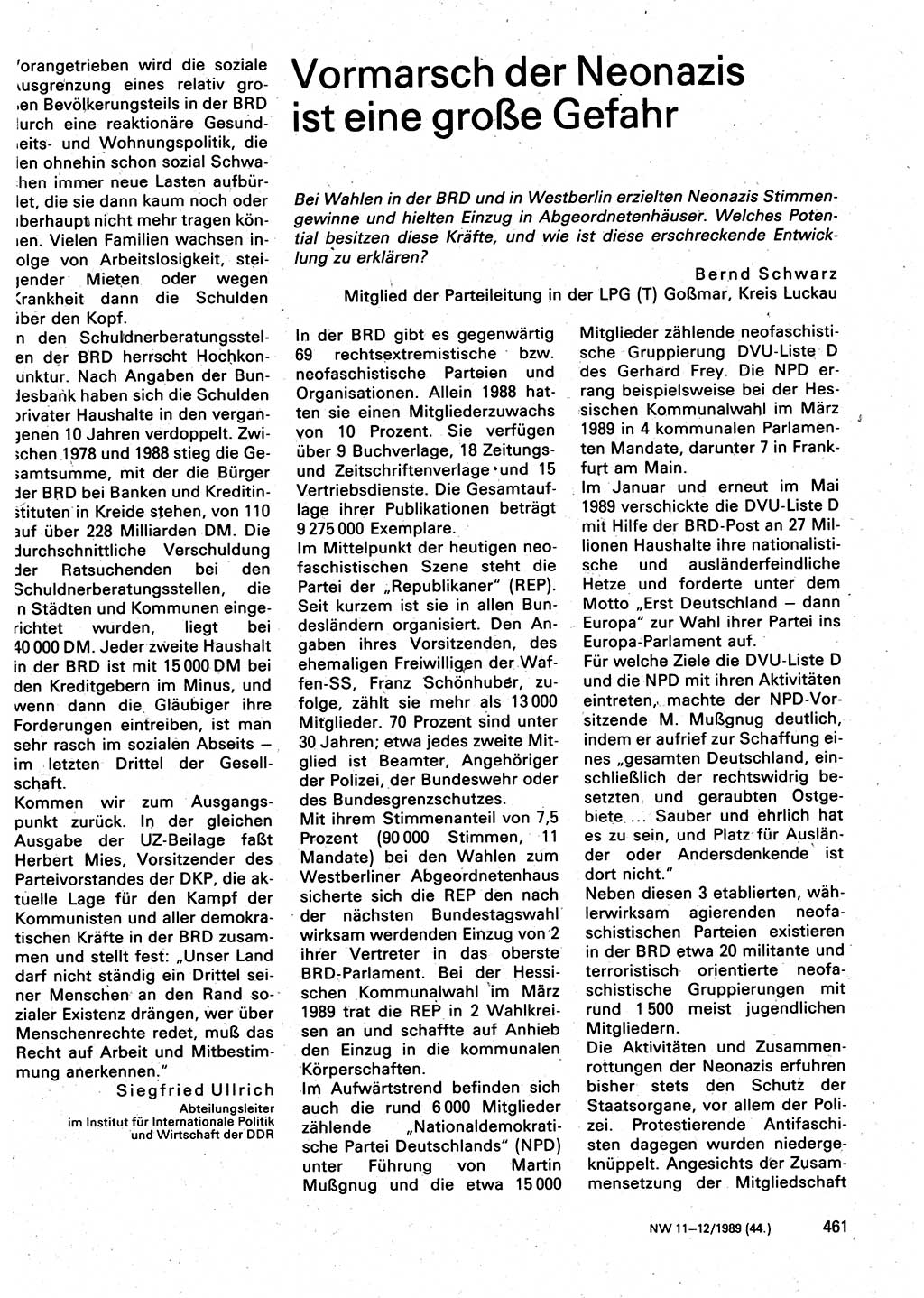 Neuer Weg (NW), Organ des Zentralkomitees (ZK) der SED (Sozialistische Einheitspartei Deutschlands) für Fragen des Parteilebens, 44. Jahrgang [Deutsche Demokratische Republik (DDR)] 1989, Seite 461 (NW ZK SED DDR 1989, S. 461)