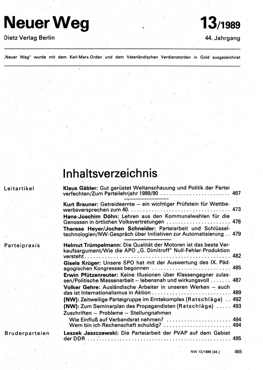 Neuer Weg (NW), Organ des Zentralkomitees (ZK) der SED (Sozialistische Einheitspartei Deutschlands) für Fragen des Parteilebens, 44. Jahrgang [Deutsche Demokratische Republik (DDR)] 1989, Seite 465 (NW ZK SED DDR 1989, S. 465)