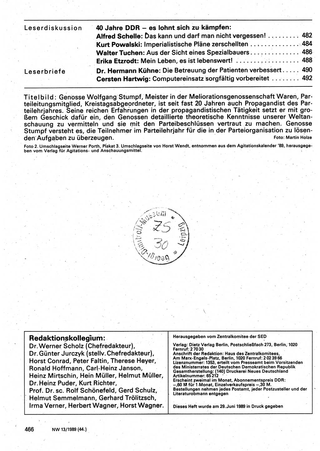 Neuer Weg (NW), Organ des Zentralkomitees (ZK) der SED (Sozialistische Einheitspartei Deutschlands) für Fragen des Parteilebens, 44. Jahrgang [Deutsche Demokratische Republik (DDR)] 1989, Seite 466 (NW ZK SED DDR 1989, S. 466)