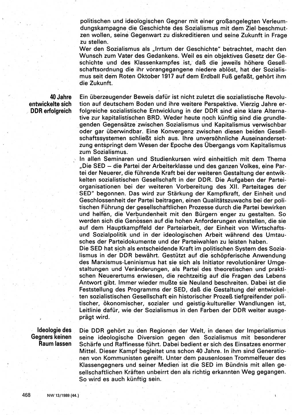 Neuer Weg (NW), Organ des Zentralkomitees (ZK) der SED (Sozialistische Einheitspartei Deutschlands) für Fragen des Parteilebens, 44. Jahrgang [Deutsche Demokratische Republik (DDR)] 1989, Seite 468 (NW ZK SED DDR 1989, S. 468)